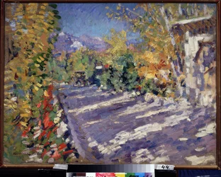Veien til Gourzuf (Krim, Russland). (Veien til Gurzuf). Skyggelagt vei midt på sommeren som fører til fjellet nær kysten Maleri av Konstantin Alexeyevich Korovin (Constantin Korovin) (1861-1939), olje på lerret