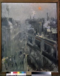 Paris (Frankrike) (Paris). Utsikt over fasadene til boulevarden Montmartre, en høstmorgen. Maleri av Konstantin Alexeyevich Korovin (Constantin Korovin) (1861-1939), olje på lerret