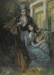 ""Portrett av Alexander Pushkin (1799-1837) og hans muse"" (Pushkin and the Muse) Maleri av Konstantin Korovin (Constantin Korovine) (1861-1939) 1930 - Olje på lerret - Dim 235,5x171 cm Privat samling