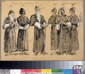 Kostymedesign for operaen Khovanshchina eller Khovansky-prinsene av Modeste Mussorgsky (1839-1881) (Kostumedesign for Operaen Khovanshchina av M.Mussorgsky). Kostymer for gamle troende. Kunstverk av Konstantin Alexeyevich Korovin (Constantin K