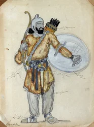 Kostymedesign for operaen Prince Igor av Alexander Borodin (1833-1887) (Kostumedesign for operaen Prince Igor av A. Borodin). Verk av Konstantin Alexeyevich Korovin (Constantin Korovin) (1861-1939), akvarell og gouache på papir