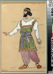 Kostymedesign for operaen Snowstorm av Georgui Sviridov (1915-1998) (Kostumedesign for operaen Snowstorm av G.Sviridov). Verk av Konstantin Alexeyevich Korovin (Constantin Korovin) (1861-1939), akvarell og gouache på papp