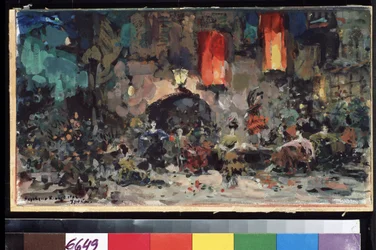 Scenografi for balletten Don Quixote av Leon (eller Ludwig) Minkus (1826-1917) (Scenedesign for balletten Don Quixote av L. Minkus). Verk av Konstantin Alexeyevich Korovin (Constantin Korovin) (1861-1939), akvarell og gouache på papp
