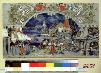 Scenografi for balletten Den lille pukkelryggede hesten av Cesare Pugni (Scenedesign for balletten Den lille pukkelryggede hesten av C. Pugni). Verk av Konstantin Alexeyevich Korovin (Constantin Korovin) (1861-1939), gouache, gull og sølv på papp