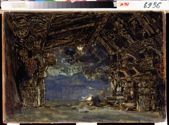 Scenografi for operaen Twilight of the Gods av Richard Wagner. (Scenedesign for operaen The Twilight of the Gods av R. Wagner). Verk av Konstantin Alexeyevich Korovin (Constantin Korovin) (1861-1939), tempera på papp