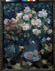 Roser i en blå mugge. Maleri av Konstantin Alexeyevich Korovin (Constantin Korovin) (1861-1939), olje på lerret