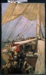 On the deck (On the deck). Beskrivelse av mengden av passasjerer på dekket av en båt. Maleri av Konstantin Alexeyevich Korovin (Constantin Korovin) (1861-1939), olje på lerret, ca 1880. Russisk kunst sent på 1800-tallet. Statens Tretyakov-galleri, Moskva.