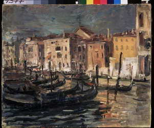 Venezia (Italia) (Venezia). Canal Grande i lagunen i Venezia, med kaiene, gondolene og bygningene opplyst av solens harde lys. Maleri av Konstantin Alexeyevich Korovin (Constantin Korovin) (1861-1939), olje på lerret