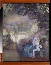 Pjerrot og en kvinne. (Flørter på maskeradeball). Verk av Konstantin (Constantin) Andreyevich Somov (1869-1939), gouache på papir