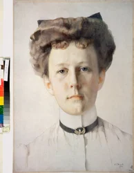 Portrett av baronessen Alexandra Nolde (Portrett av baronessen A Nolde) - Kunstverk av Konstantin (Constantin) Andreyevich Somov (1869-1939), fargeblyanter på papir