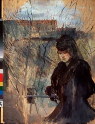 Vår. En kvinne kledd i svart, med melankolsk uttrykk og nedslått blikk, lent mot et smalt rekkverk. Verk av Konstantin Andreyevich Somov (1869-1939)