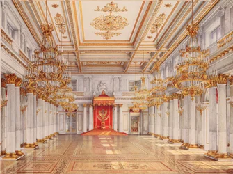 George Hall, Great Throne Hall, i vinterpalasset i St Petersburg - Verk av Konstantin Andreyevich Ukhtomsky (Constantin Oukhtomsky) (1818-1881), akvarell på pa