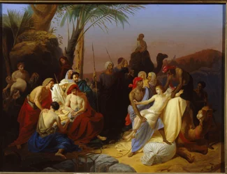 Salget av Joseph. (Episode fra 1. Mosebok, da Josef blir solgt av brødrene sine til slavehandlere. Maleri av Konstantin Dmitrievich Flavitsky (1830-1866), olje på lerret