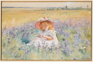 En ung jente i et felt med Salvia, Oxeye Daisies og Meadow Foxtail,