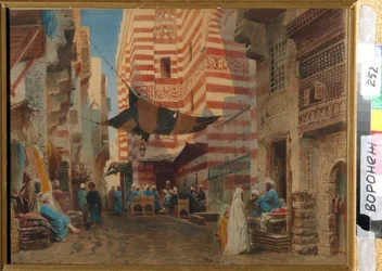 I gatene i Kairo (Egypt). Kunstverk av Konstantin Yegorovich Makovsky (Constantin Makovsky) (1839-1915), kunstverk på papir