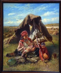 Reaper. Under innhøstingen ammer en kvinne sin nyfødte mens hun ser på et annet barn som knapt er eldre, i bakgrunnen jobber bøndene på jordene. Maleri av Konstantin Yegorovich Makovsky (Constantin Makovsky) (1839-1915),