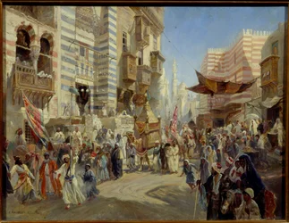 Muslimsk høytid: prosesjonen av det hellige teppet i gatene i Kairo i Egypt (The Handing over of the Sacred Carpet in Cairo) - Olje på lerret av Konstantin Yegorovich Makovsky (Constantin Makovski) (1839-1915)