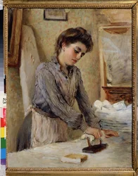 Strykemaskinen - Kvinnestryking (Woman Ironing). Maleri av Konstantin Yegorovich Makovsky (Constantin Makovsky) (1839-1915), olje på lerret, cirka 1900. Russisk kunst sent på 1800-tallet – begynnelsen av det 20. århundre. Statens friluftsmuseum, Rostov Kre