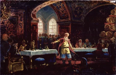 Grev Michael Repnin (?) på festen til Ivan den grusomme (1530-1584). (Grev Mikhail Repnin ved Ivan The Terrible Feast). Repnin, som står i midten av de dekkede bordene, fordømmer tsarens politikk. Maleri av Konstantin Yegorovich Makovsky (Constantin Mak