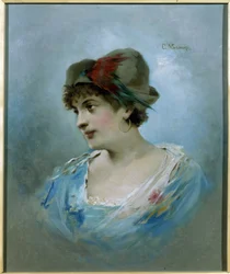 Portrett av ballerinaen Marie Petipa (1857-1930) (Portrett av ballettdanseren Marie Petitpa). Maleri av Konstantin Yegorovich Makovsky (Constantin Makovsky) (1839-1915), olje på lerret, ca 1900. Russisk kunst fra 1900-tallet. Statens teatermuseum og Mus