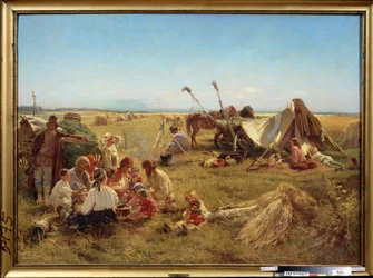 Måltider til bøndene i høstsesongen. (Et bondemåltid ved innhøstingstiden). Maleri av Konstantin Yegorovich Makovsky (Constantin Makovsky) (1839-1915), olje på lerret