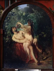 Satyr og nymfe. Nakne og beruset par, nymfen på satyrens knær mater ham med en drueklase, plukket fra vinstokkene som omgir dem. Maleri av Konstantin Yegorovich Makovsky (Constantin Makovski) (1839-1915)