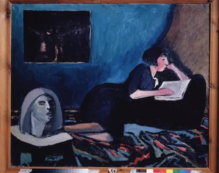 En kvinne som leser (A Woman Reading). Maleri av Konstantin Nikolayevich Istomin (1887-1942), olje på lerret 1931 russisk moderne kunst, 1900-tallet. Statens Tretyakov-galleri, Moskva.