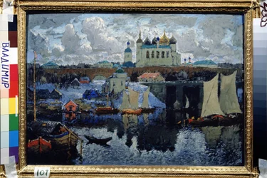 Broen ved Novgorod (Russland) (Novgorod, brygge). Maleri av Konstantin (Constantin) Ivanovich Gorbatov (1876-1945), olje på lerret