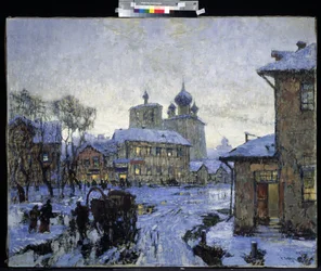 ""The Thaw"" Russisk landsbylandskap på slutten av vinteren. Maleri av Konstantin (Constantin) Gorbatov (1876-1945) 1910 M. Kroshitsky kunstmuseum, Sevastopol