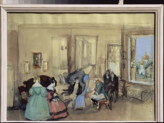 En scene fra teaterstykket ""The Revizor"" av Nicolas Gogol (1809-1852) (En scene fra teaterstykket The Reviser av N. Gogol) - Verk av Konstantin Ivanovich Rudakov (Constantin Roudakov) (1891-1949) , akvarell og gouache på papir - Art s