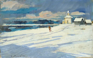 Vinterlandskap med en liten kirke, tidlig på 1900-tallet