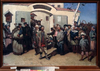 Tilbake til friheten. (Slipp løs fangene i en fengselsanstalt, øynene deres er festet mot himmelen og en beveget folkemengde venter på dem). Maleri av Konstantin Petrovich Pyneev (1868-1922), olje på lerret. russisk kunst