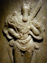 Gravornament, dyrekretshest i agalmatolitt, 8. århundre, fra perioden med de nordlige og sørlige kongedømmene, Korea. Fotografi, Koreas nasjonalmuseum, Seoul, Republikken Korea