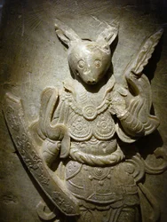 Gravornament, dyrekretsens kanin i agalmatolitt, 700-tallet, fra perioden med de nordlige og sørlige kongedømmene, Korea. Fotografi, Koreas nasjonalmuseum, Seoul, Republikken Korea