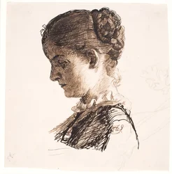 Kunstnerens søster Elisabeth. Profil t.v. Fletter frisyre