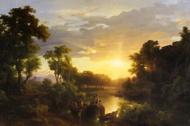 Italienske landskap ved solnedgang, fiskere
