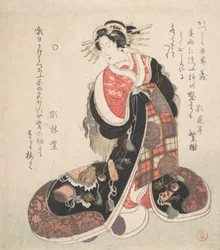 Courtesane kledd i en forseggjort kjole brodert med lykkeemblemer, ca. 1800.