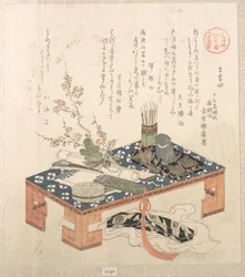 «Skrivebord med skrivesett og plommeblomster», fra serien Ise-kalendere for Asakusa-gruppen (Asakusa-gawa Ise goyomi). Fra samlingen Vårregn (Harusame shū), bind 2