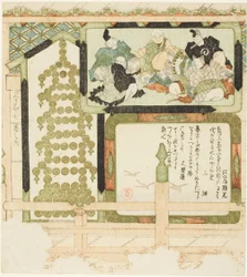 Nr. 7: Votivmalerier av seks udødelige poeter, flygende gjess og en pagode laget av mynter, fra serien «Syv bilder for Hisakataya (Hisakataya shichiban no uchi)»