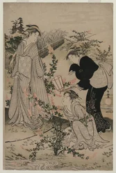 Kvinner skjærer grener av Bush Clover; Noji Tama-elven i Omi-provinsen, fra en serie uten tittel av de seks Tama-elvene