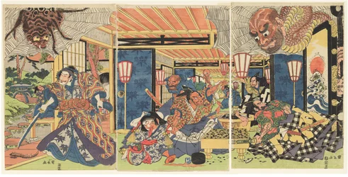 Minamoto no Yorimitsu og hans tropper beseirer jordedderkoppen, ca. 1804–1818 (tresnitt (nishiki-e); blekk og farge på papir)