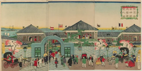 Bilde av velstanden til merkantile etablissementer langs Nakadouri på Yokohama, Meiji-tiden, 1870 (farget treblokktrykk)