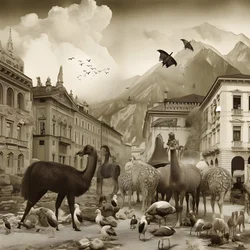 Innsbruck i et gammelt fotografi med elegante sebraer, måker, aper og leirfigurer. 3