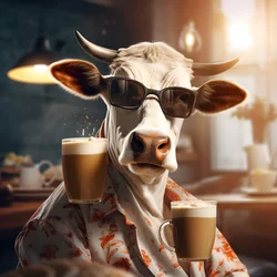 Ku med solbriller ser på kald kaffe 1