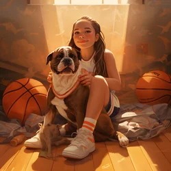 en 10 år gammel jente sitter på gulvet og venter med hunden sin og holder en mappe med bildet 4