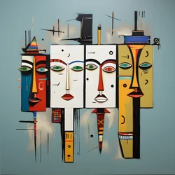 Et maleri viser en gruppe med fire hoder på en vegg 2