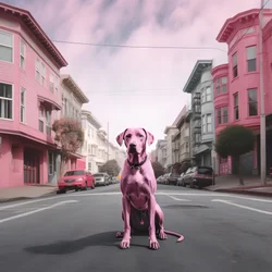 en rosa hund midt i byen san francisco 1