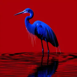 synthwave digital kunstverk av en eksotisk koboltblå egret på rødt papir 2
