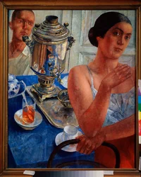 Rundt samovaren. (Scene i dagliglivet, et par drikker te). Maleri av Kuzma Sergeyevich Petrov Vodkin (Petrov-Vodkin) (Kouzma Petrov Vodkin) (Petrov-Vodkin) (1878-1939), olje på lerret