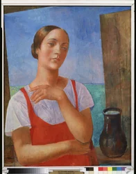 Ung kvinne i en sommerkjole. Maleri av Kuzma Sergeevich Petrov Vodkin (Petrov-Vodkin) (Kouzma Petrov Vodkin) (Petrov-Vodkin) (1878-1939), olje på lerret